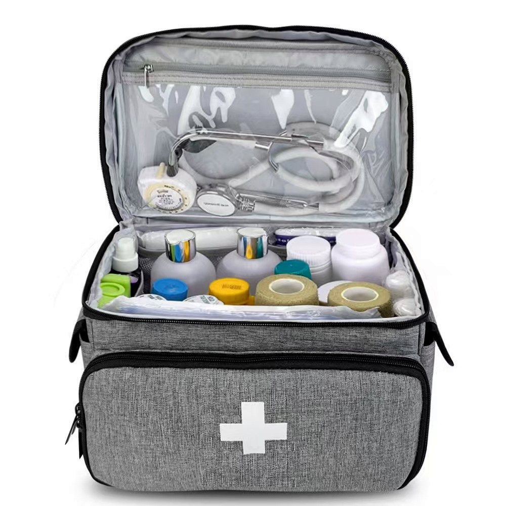 Grey medical supply bag with stethoscope and organized first aid contents