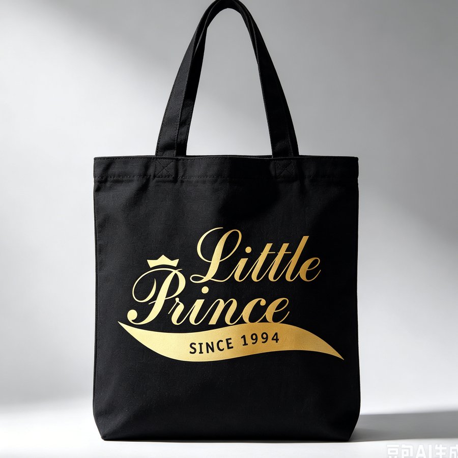 Black cotton tote bag with gold foil "Little Prince Since 1994" script print