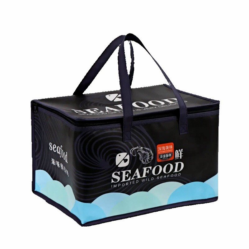 Custom insulated seafood cooler bag — multi-color lineup showing branding options